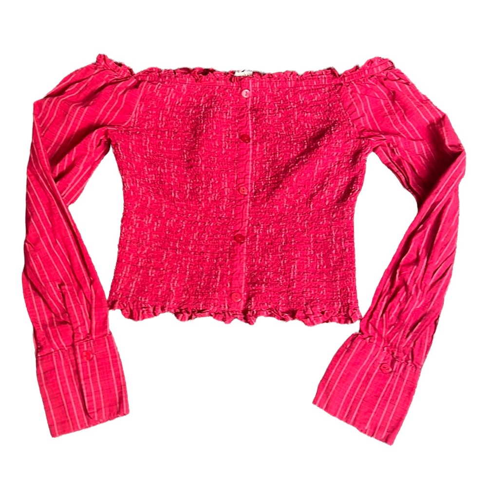 Aeropostale Y2K Shirred Ofd-The-Shoulder Long Sleeved Crop Top
